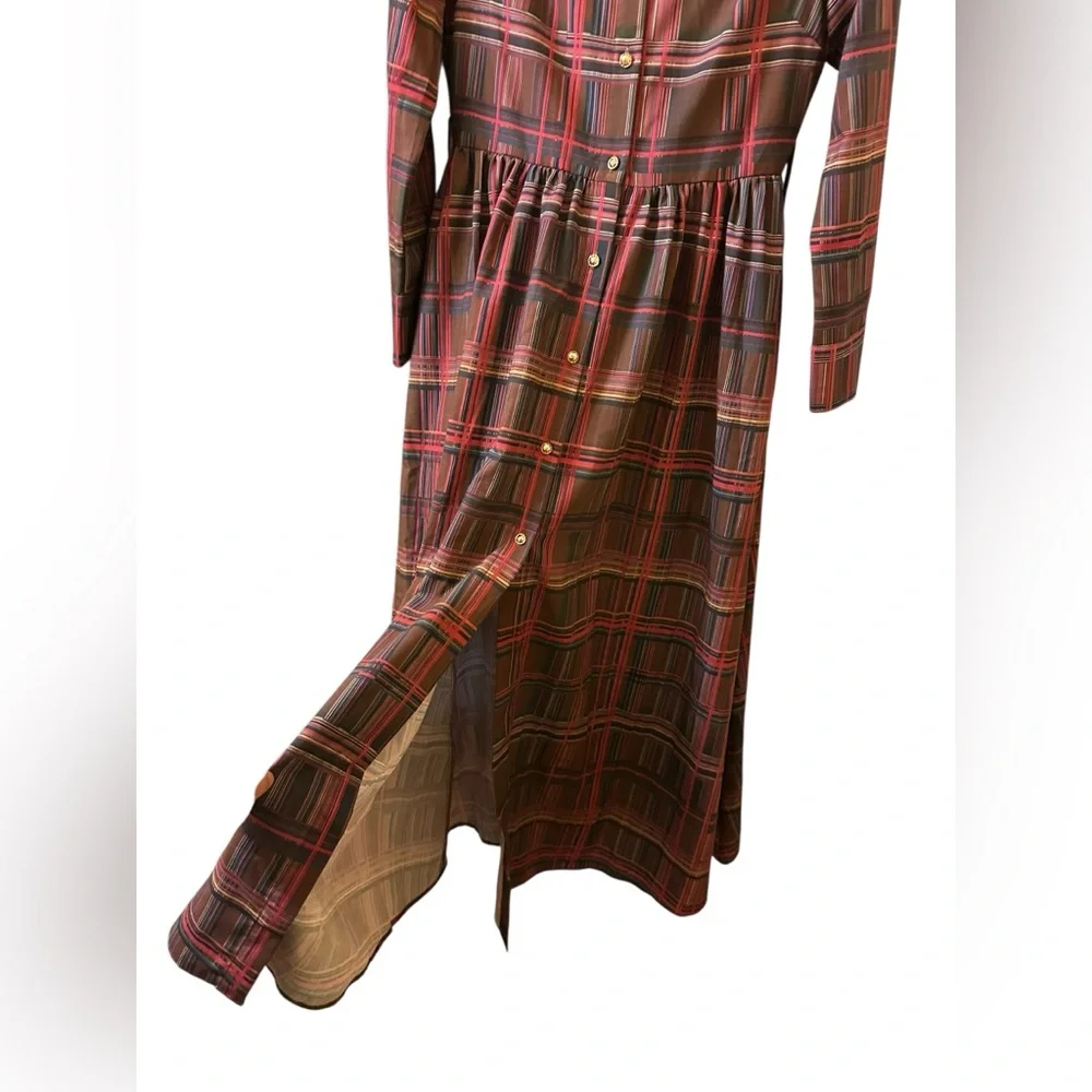 Oyrosy Retro Ethnic Style Lapel Reddish Brown Plaid Maxi Dress size S - Picture 8 of 11